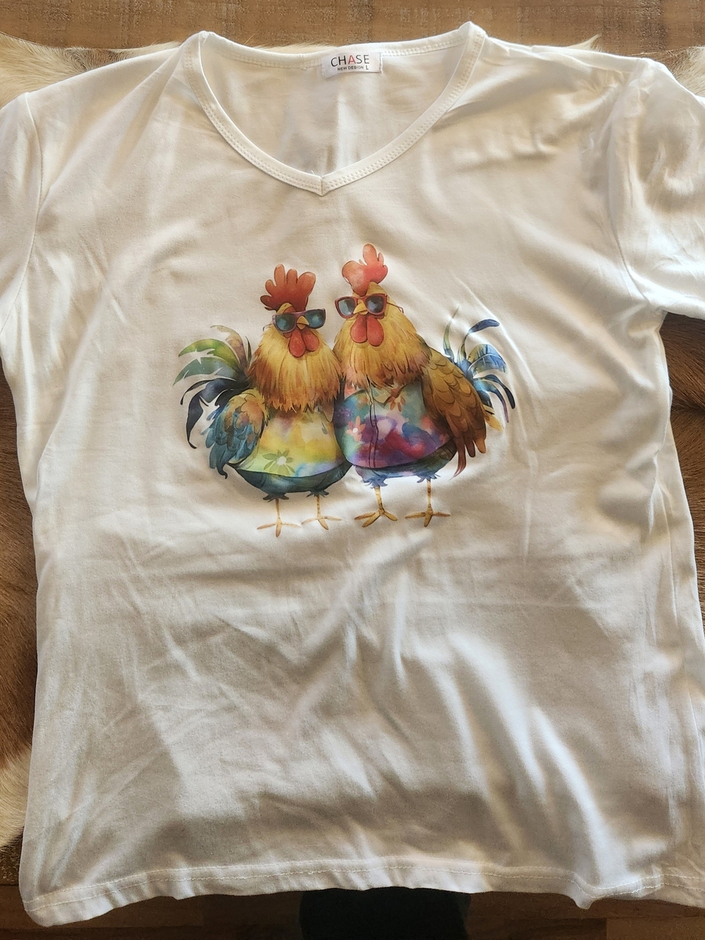 Chase White Short-Sleeve Tee with Colorful Rooster Pair Graphic